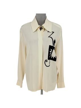 Laurel Escada Top Womens 6 Ivory Silk Blouse Embroidered Shoulder Pads Vintage